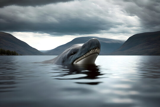 Nessie monster swimming in Loch Ness