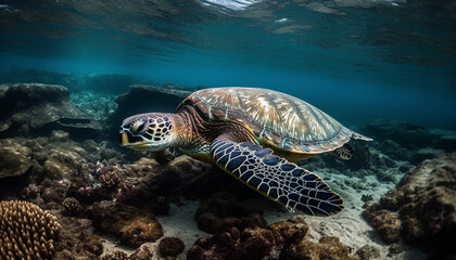 Obraz na płótnie Canvas Underwater beauty Hawksbill turtle swimming in reef generated by AI