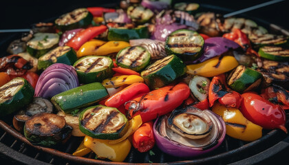 Fototapeta na wymiar Grilled vegetables and meat on skewers outdoors generated by AI
