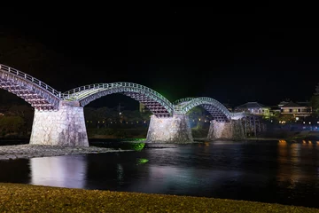 Papier Peint photo Le pont Kintai 山口県岩国市にある錦帯橋の夜景