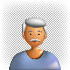 A gray-haired retired man with a mustache. Vector 3d character isolated on white background. Icon, avatar, portrait.