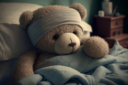 Teddy bear with bandage laying in bed