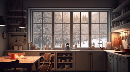 Cosy kitchen with large window facing winter forest, Scandinavian style, AI generative modern kitchen interior