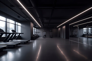 Indoor space of the gym. AI technology generated image