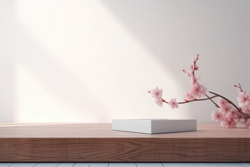 An empty podium decorated with fresh natural cherry blossoms on a pale pink background, perfect for beauty product promotion, AI generative