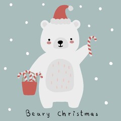 Cute white bear wearing Santa Clause hat and holding a bucket of candy cane isolated on pastel green background with snow in hand drawn style. Hand written text Beary Christmas. Greeting card design.