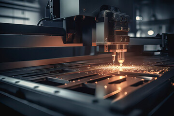 CNC Laser Cutting Machine. AI technology generated image - obrazy, fototapety, plakaty