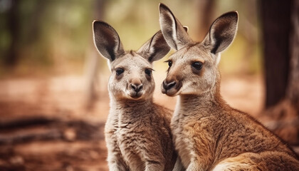 Fototapeta premium Fluffy alpaca and hare sitting in meadow generated by AI