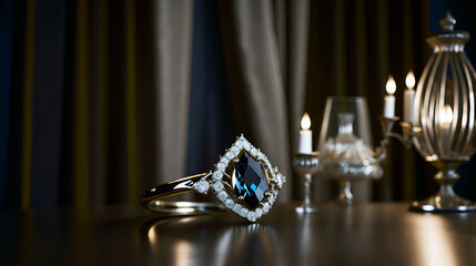 A luxurious diamond ring placed on a black wooden table in a lavish bedroom