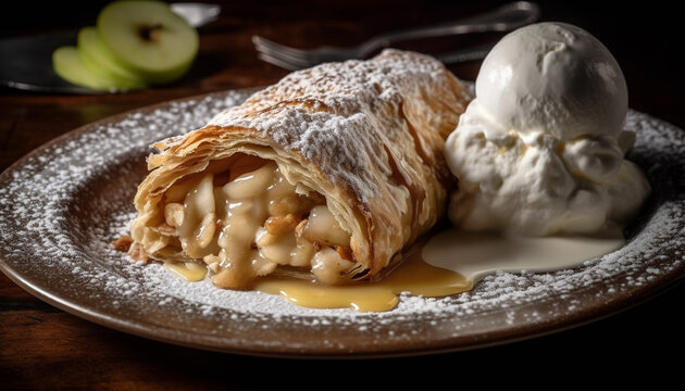 Sweet apple strudel on wooden plate indoors generated by AI