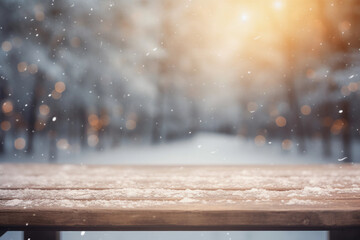 winter wonderland with falling snow and lights, bokeh,  blurred background with empty wooden table with free space for product display and mockup, copy space, small depth of field, ai generated
