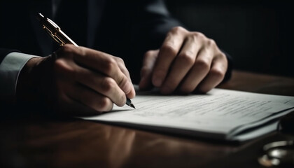 Businessman signing contract at desk with pen generated by AI