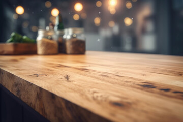 Fototapeta na wymiar restaurant and kitchen interior with blurred background with empty wooden table with free space for product display and mockup, copy space, small depth of field, ai generated – human enhanced