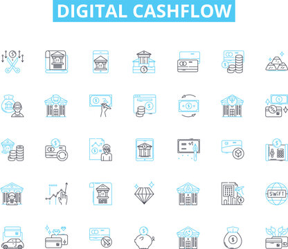 Digital cashflow linear icons set. Cryptocurrency, Blockchain, Transactions, Decentralization, Efficiency, Security, Peer-to-peer line vector and concept signs. Digital wallet,micropayments,Mining