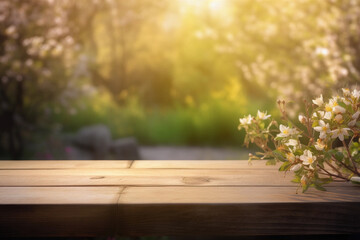 Naklejka premium Summer garden with flowering tree and blurred background with empty wooden table with free space for product display and mockup, copy space, small depth of field, ai generated – human enhanced