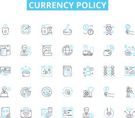 Currency policy linear icons set. Inflation, Exchange, Intervention, Reserves, Devaluation, Revaluation, Export line vector and concept signs. Import,Balance,International outline illustrations