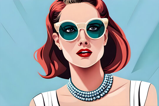 Stylish retro woman wearing sunglasses, comic style, illustration, Generative AI