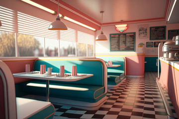 Illustration of the interior of a retro 50s restaurant. No visitors. The interior of the restaurant uses a pink and turquoise tone color theme.
 - obrazy, fototapety, plakaty