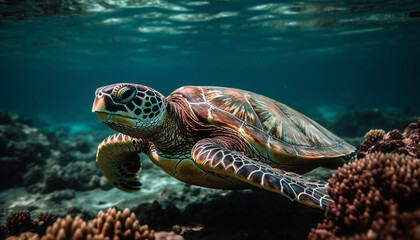 Fototapeta na wymiar Green sea turtle swimming in tropical reef generated by AI