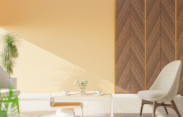 Sofa set and plants in the living room, colored walls with wooden panels decorating the walls. 3d rendering.