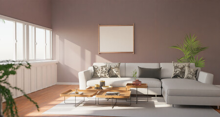 The light from the outside hit theframe on wall of the room and the sofa located inside. give a warm atmosphere.3d rendering.