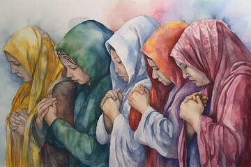 Watercolor drawing of a group of women praying