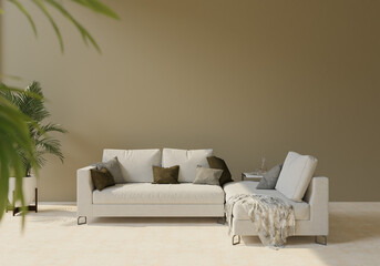 The light from the outside hit the wall of the room and the sofa located inside. give a warm atmosphere.3d rendering.