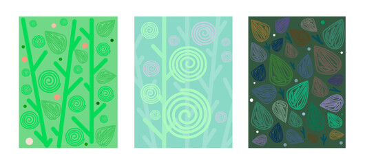 Elements of nature earth. Vector drawing of leaves green background. Collection set of three. Colourful abstract forms of leaf. World earth day April 22. Background for cards, advertisements flyers.