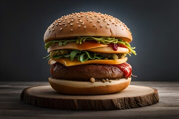 Shoot of a crispy Burger on a wooden Table and clean gray Background.