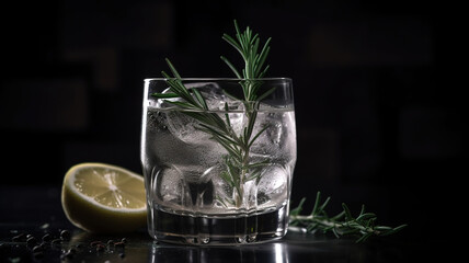 Gin Tonic alcoholic cocktail bar drink in glass, with dry gin, tonic, rosemary, lemon and ice cubes. Black background with copy space