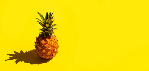 Top close up view photo of one single pineapple isolated on vivid yellow backdrop with empty space for text.  Banner, Side view, space for text.