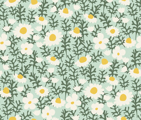 Aesthetic printable seamless pattern with retro cute daisies on green background. Vintage 70s style. Vector illustration.
