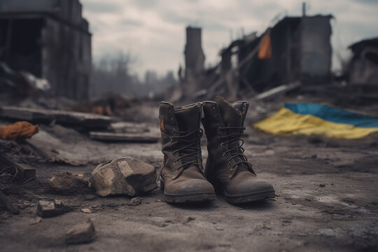 Apocalyptic war scene: a pair of weathered boots left behind in an empty, debris - strewn street. a torn Ukrainian flag lying on the ground in the background - Generative AI