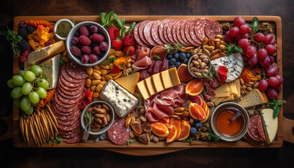 Variety of gourmet meats and cheeses on wood generated by AI