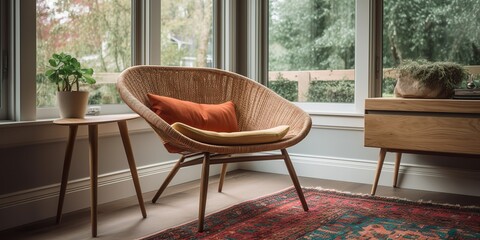 AI Generated. AI Generative. Photo of cozu home room chair and space for reading meditaion work. Calm relax vibe. Graphic Art