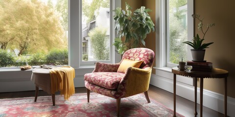 AI Generated. AI Generative. Photo of cozu home room chair and space for reading meditaion work. Calm relax vibe. Graphic Art