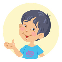 Portrait of a cute smiling Asian boy. Avatar icon in a circle. In cartoon style. Isolated on white background. Vector flat illustration.