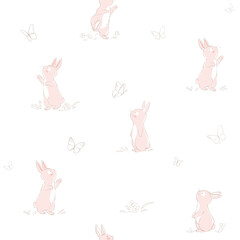 Seamless pattern with the sweet little bunny playing with butterflyes vector for print design and other uses.. Can be used for t-shirt print, kids wear fashion design, baby shower invitation card