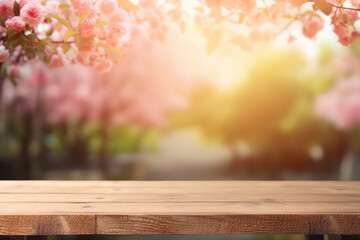 Naklejka na ściany i meble Wooden table with blurry flower background for product display , Generative AI