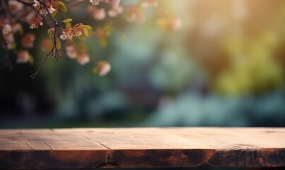 Wooden table with blurry flower background for product display , Generative AI