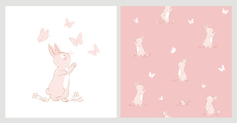 Fototapeta na wymiar Seamless pattern with the sweet little bunny playing with butterflyes vector for print design and other uses.. Can be used for t-shirt print, kids wear fashion design, baby shower invitation card