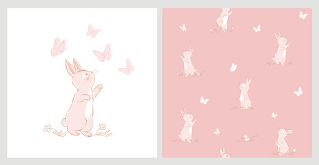 Seamless pattern with the sweet little bunny playing with butterflyes vector for print design and other uses.. Can be used for t-shirt print, kids wear fashion design, baby shower invitation card