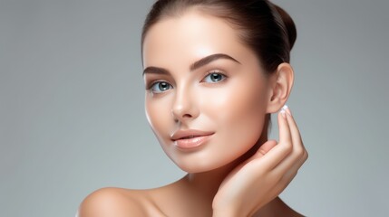 Obraz premium Portrait of woman, skincare and beauty cosmetics for shine, wellness or healthy glow on studio background. Happy model touching face after facial laser aesthetics, chemical peel and clean dermatology.