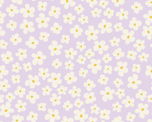 Cute seamless pattern of daisies. Small flowers on purple, ditsy floral background. Vector illustration.
