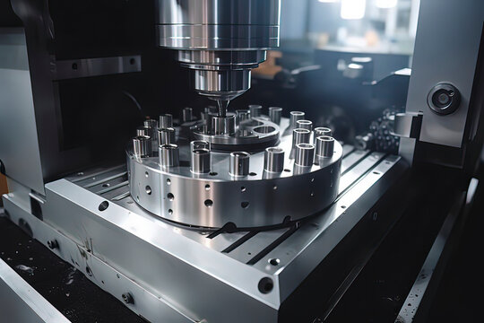 The CNC machining center is drilling holes. AI technology generated image