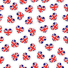 Pattern with flag of England. Seamless pattern with flag of the United Kingdom. United Kingdom pattern. UK seamless pattern. Illustration with flag UK. Illustration with hearts.