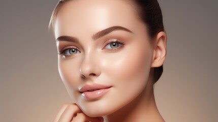 Obraz premium Portrait of woman, skincare and beauty cosmetics for shine, wellness or healthy glow on studio background. Happy model touching face after facial laser aesthetics, chemical peel and clean dermatology.