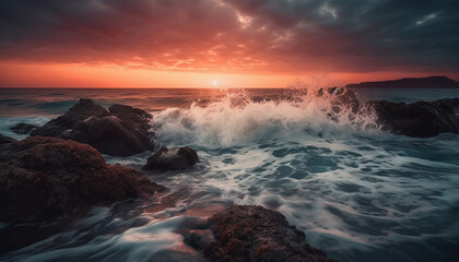 Fototapeta premium Sunset over tranquil waters, waves breaking softly generated by AI