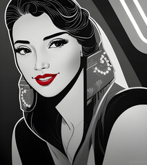 fashion woman portrait, Asian girl, portrait, young woman, illustration, flat colors, colored background