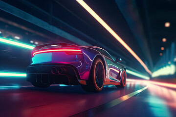 Obraz na płótnie Canvas A high-speed sports car driving at night. AI technology generated image